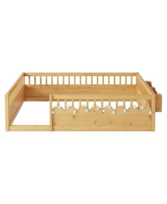 Wood Montessori Floor Bed with High Rails LED Light and Reversible Storage Shelf