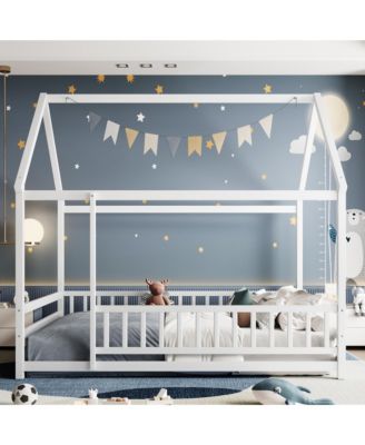 Wooden Floor Bed With House Roof Frame And Fence Guardrails For Kids