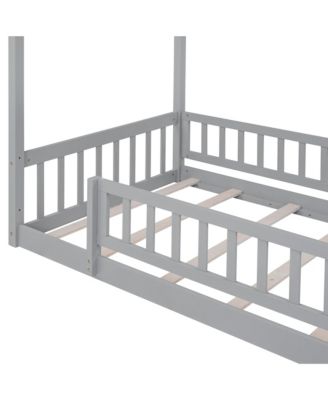 Wood House Bed Roof Fence Pine Wood Frame 7 Slats Kids Teens