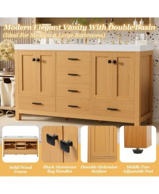 59.3" Brown Modern Wood Solid Wood MDF Double Sink Vanity With Dual SMC Sinks, 4 Doors 5 Drawers Soft-Close
