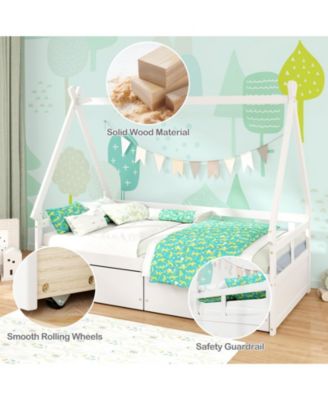 Twin Size House Bed with Roof Design and Safety Guardrails