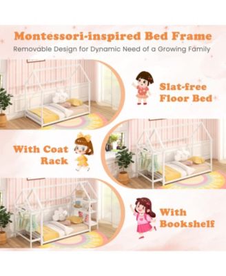 Twin Montessori Floor House Bed with Detachable Storage Shelves