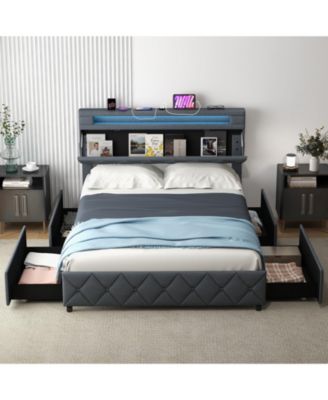 Bed Frame with Storage Headboard and Wooden Slat Support