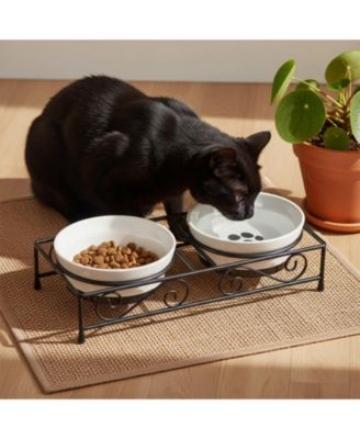 Ceramic Pet Bowl Set with Metal Stand Paw Print Design Dishwasher Safe