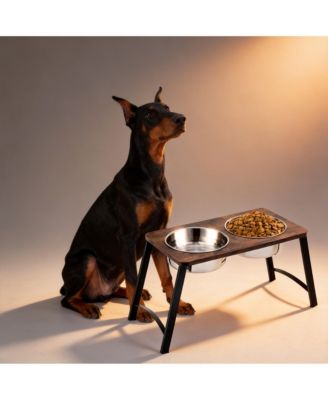 Elevated Dog Bowl Stand with 2 Stainless Steel Bowls Tilted Wood Metal Joint Strain Relief Non-slip