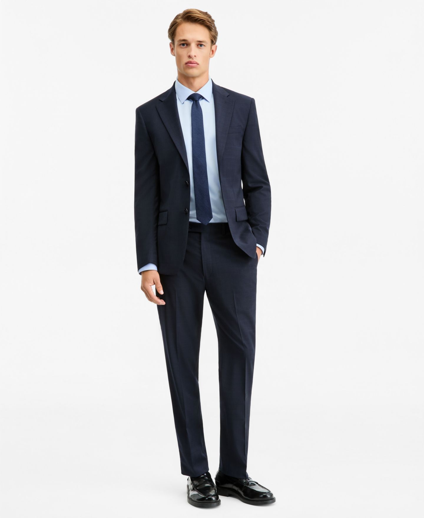 Мужские комплекты Calvin Klein Slim-Fit Wool-Blend Plaid Suit Separates, цвет: Тёмно-синий клетчатый — фото 3