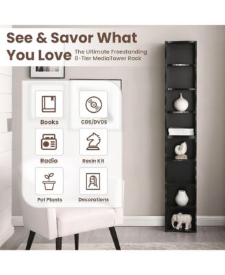 8-Tier Tall Narrow Bookshelf - A Wavy Border Design, Adjustable Shelves, Freestanding Display Bookcase for Living Room, Home Office