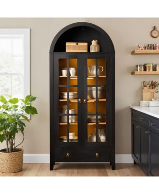 Arched Glass Door Sideboard Cabinet, 71” Tall Wood Display Cabinet with Drawer and Invisible Lock, Bookshelf for Living Room, Office, Entryway