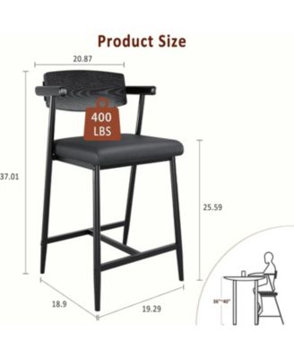 26" Counter Height Bar Stools Set of 2 with Arms, Upholstered Modern Metal Bar Chairs, Back & Footrest for Kitchen Island