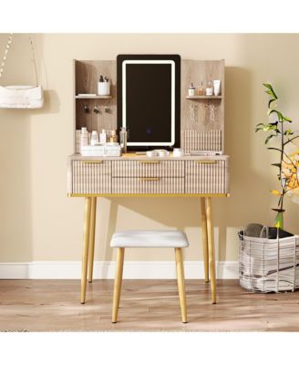 Modern Standard LED Vanity Table with Basic Mirror Natural Wood and Cushioned Stool Makeup