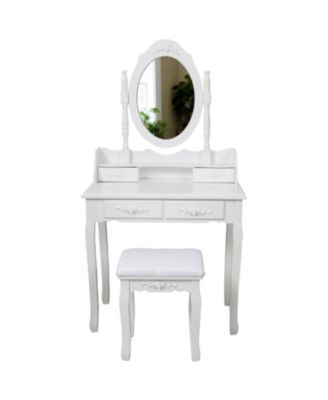 Princess Vanity Desk Set with 360 Rotating Mirror Cushioned Stool 4 Drawer Wooden Makeup Table for Girls Bedroom