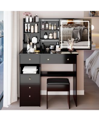 Contemporary Medium Tri Color Vanity Table with Left Drawer Mirror and Cushioned Stool