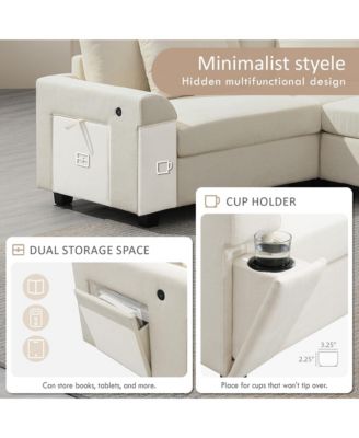 U Shaped Sectional Sofa,6 Seat Chenille Couch Set with Oversized Ottoman,Hidden Armrest Storage and Cup Holders