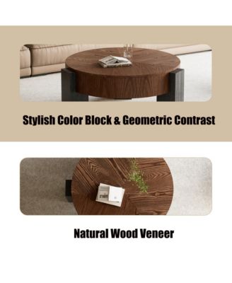 Round Coffee Table with Hidden Storage - Wood Parquet Veneer Top Table, 3 Block Legs, Center Accent Table for Living Room.