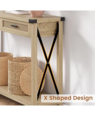 Farmhouse Entryway Console Table with Rattan Drawers, Sofa Table with Storage for Living Room, Hallway, Entryway