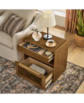Luxurious Contemporary Walnut Nightstand with 2 Drawers Glass Top Bedroom Storage Furniture