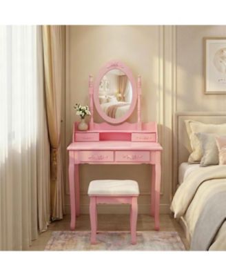 Princess Vanity Desk Set with 360 Rotating Mirror Cushioned Stool 4 Drawer Wooden Makeup Table for Girls Bedroom