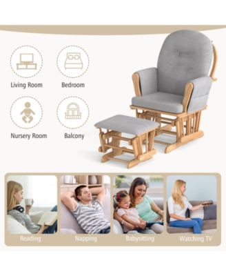 Wood Glider and Ottoman Set with Padded Armrests and Detachable Cushion