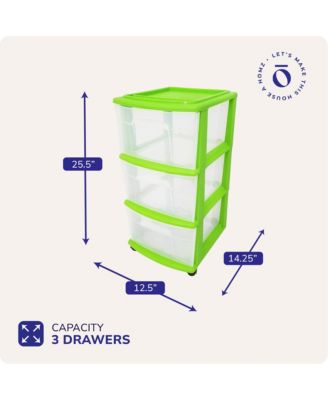 Plastic 3 Drawer Medium Storage Container Tower, Clear Drawers/Lime Frame