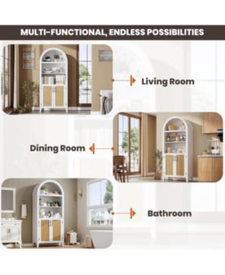 Arched Bookcase with Doors - 5 Tier Open Display Shelf with Rattan Decor, Modern Bookshelf Storage Cabinet for Home Office Living Room Library,