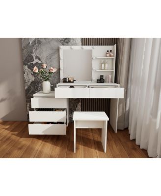Modern LED Lighted Makeup Vanity Table with Dimmable Lights and Removable Mirror for Home Use