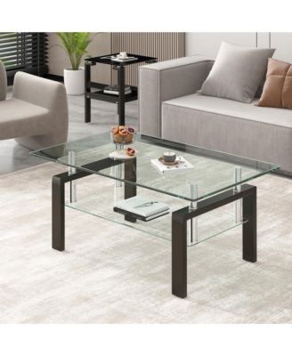 Rectangle 2-Tier Glass Coffee Table, Modern Small Center Table with Storage and Metal Legs for Living Room, Home Office