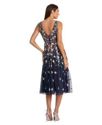 Women's Floral Beaded V-Neck Sleeveless A-Line Midi Dress