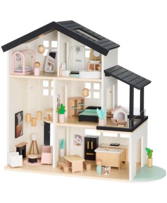 Pretend Play Wooden Doll House w/ 40 Interactive Accessories, 3-Story Modern Toy Dollhouse Playset