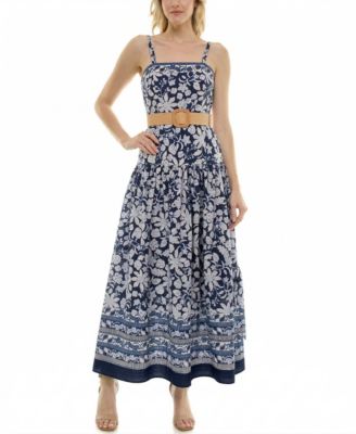 Women's Belted Drop Waist Square Neck Floral Dress