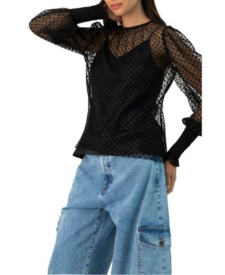 Women's See- Though Polka Dot Smock Sleeve Blouse