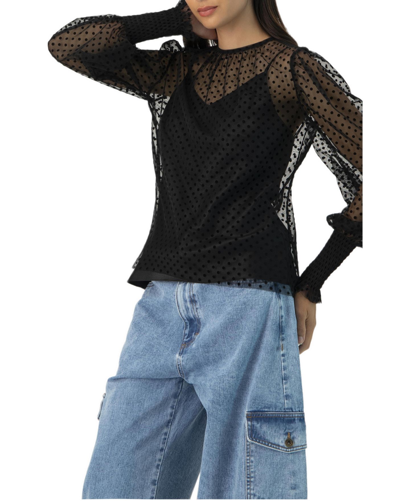 Женская блузка Ivonne See- Though Polka Dot Smock Sleeve, цвет: Чёрный — фото 3