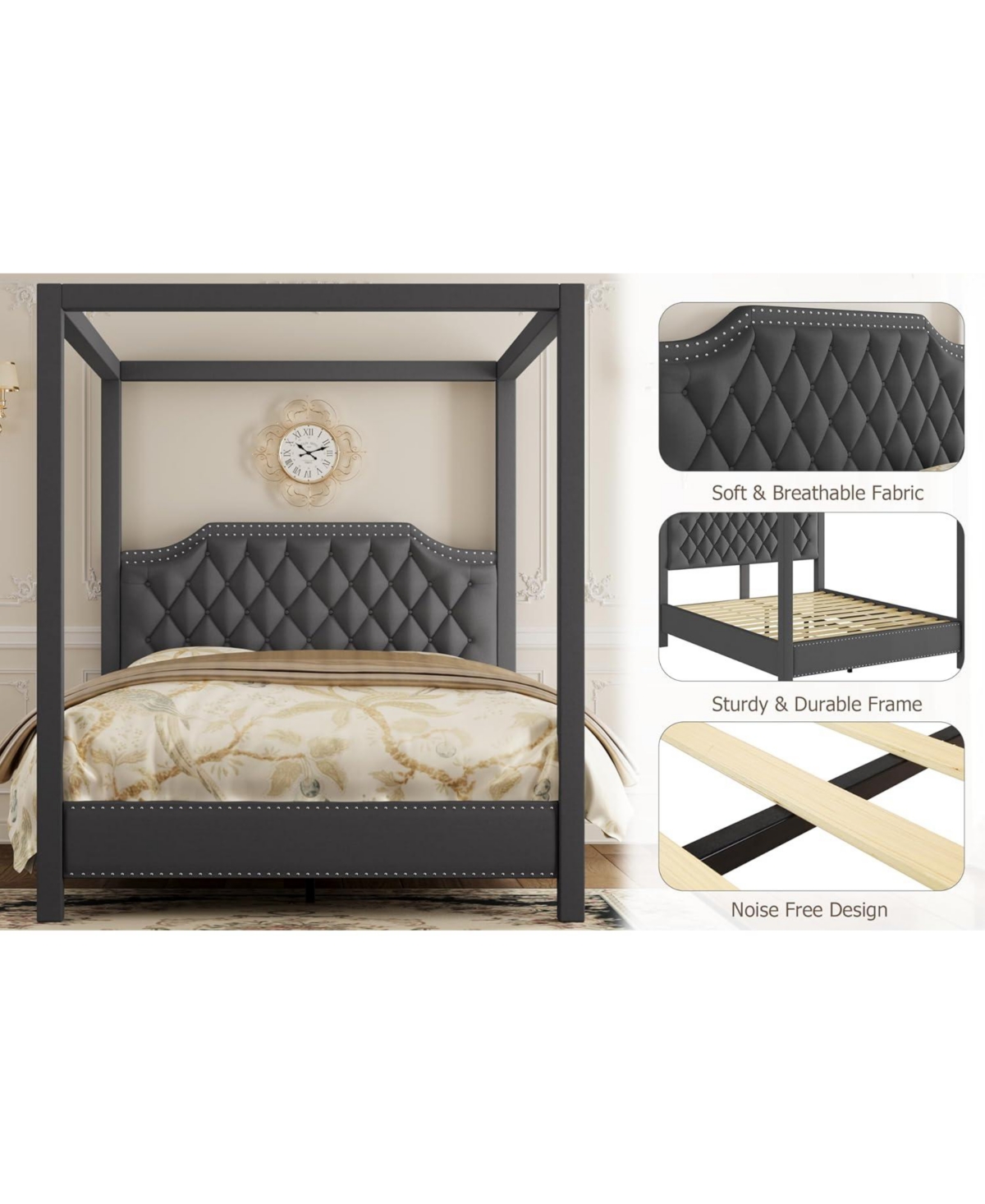 gaomon Canopy Bed Frame Nailhead Headboard Upholstered 4 Pole Bracket Wood Slats No Box Spring