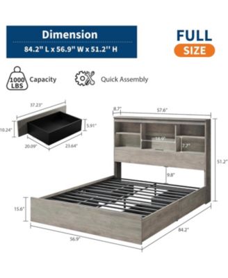 Full Bed Frame High Bookcase Headboard 4 Storage Drawers Charging Station No Box Spring Metal Frame