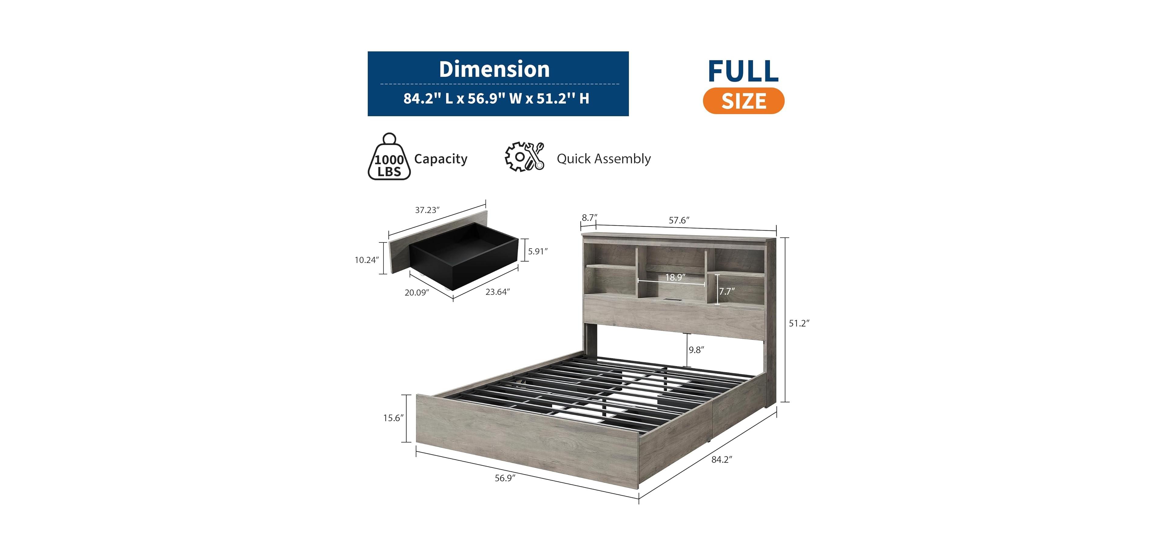 gaomon Full Bed Frame High Bookcase Headboard 4 Storage Drawers Charging Station No Box Spring Metal Frame
