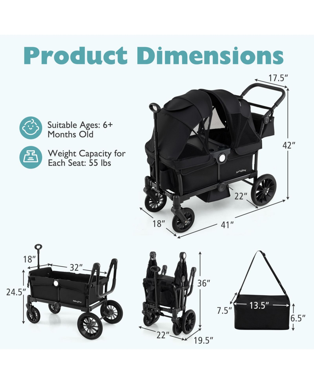 Gymax Wagon Stroller for 2 Kids Push Pull Double w/ Adjustable Handle