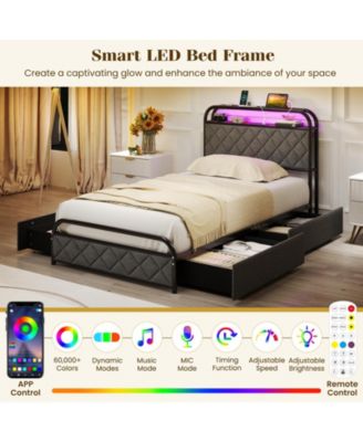 Platform Bed Frame with LED Lights and Charging Station