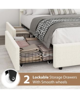 Full Boucle Bed Frame with 2 Drawers Upholstered Platform Round Headboard Wood Slats No Box Spring