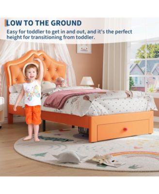 Twin Bed Frame with LED Lights Velvet Crystal Button Headboard Storage Drawer No Box Spring