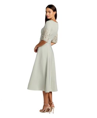 Women's Crepe A Line Midi Dress With Beaded Sleeves