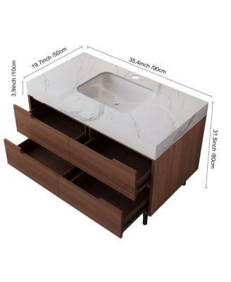 35.4" Modern Sintered Stone Bathroom Vanity, Free-Standing or Wall-Mounted, 4 Soft-Close Drawers, Undermount Sink