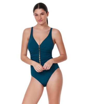 Women's Tutti Frutti V-Neck Gold Beaded One Piece