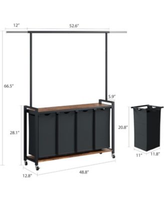 Rolling Laundry Sorter Hamper 4 Section Basket with Hanging Rack Plus Wheels Organizer for Laundry Room Rustic