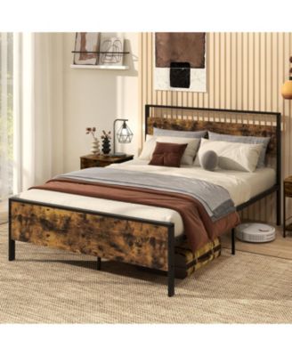 Industrial Metal Platform Bed with Wooden Headboard
