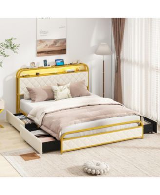 Platform Bed Frame with LED Lights and Charging Station