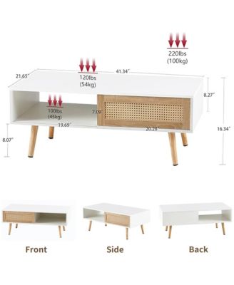 Rattan Coffee Table, Rectangle Wooden Center Tables with Sliding Door and Solid Wood Legs for Living Room, Home Office
