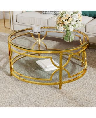 Round Tempered Glass Coffee Table, Modern 2-Tier Center Table, Luxurious Geometric Metal Frame for Living Room, Transparent