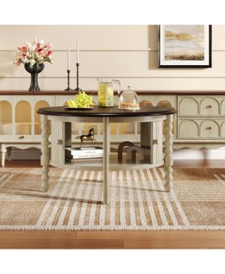 Vintage Round Coffee Table, Fluted Center Table with Sliding Door, Slatted Design for Living Room, Small Space