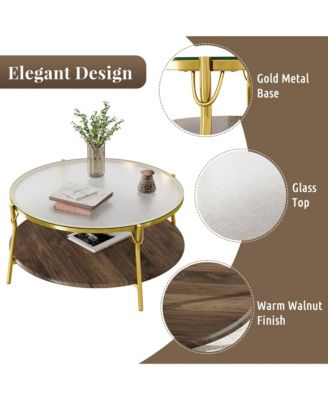 Modern Round Walnut 2-Tiered Coffee Table - Glass Top, Gold Base, Center Table for Living Room