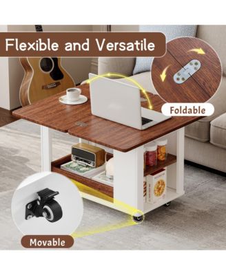 Modern Coffee Table, Multi-Tier Storage Side Table with Foldable Top and Casters, Center Table for Living Room, Home Office
