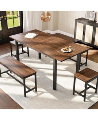 63" Extendable Dining Table Set, Includes 2 Benches & 2 Stools, Modern Table for 8, Easy Assembly